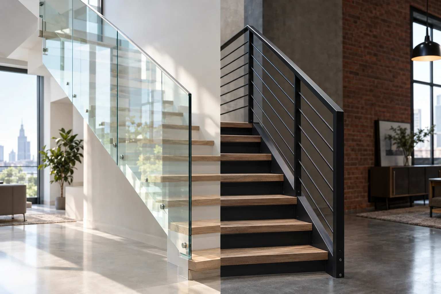 Nowoczesne schody ze szklaną balustradą w jasnym wnętrzu